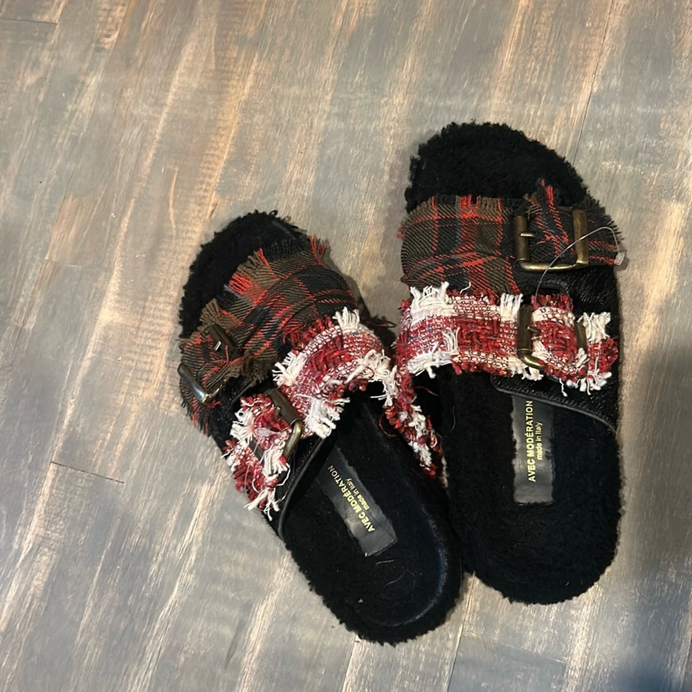 Avec Moderation Faux Fur Plaid Multi Tweed Slipper Sandal Size 40